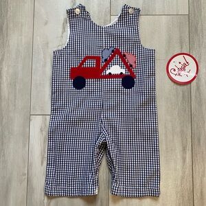 NWT Funtasia Too! Navy Gingham Transport Truck Longall Overalls Romper, boys 6M